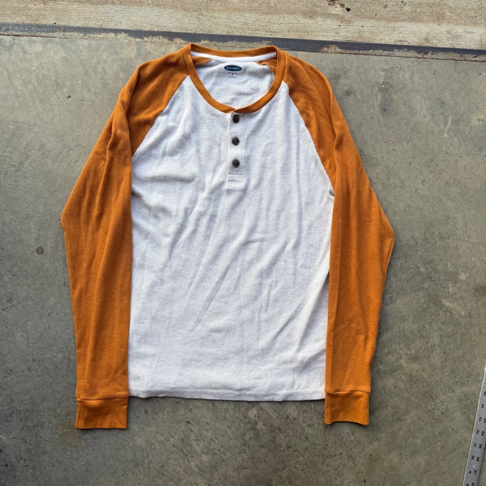 Old Navy Mens Soft Washed Thermal Henley Shirt Orange White Raglan Waffle Knit M